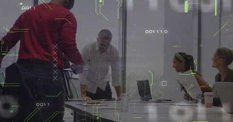 Team Discussing Around Conference Table with Augmented HUD Overlay and Green Circuit Graphics