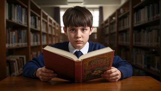 Focused student reading a hardcover book in school library