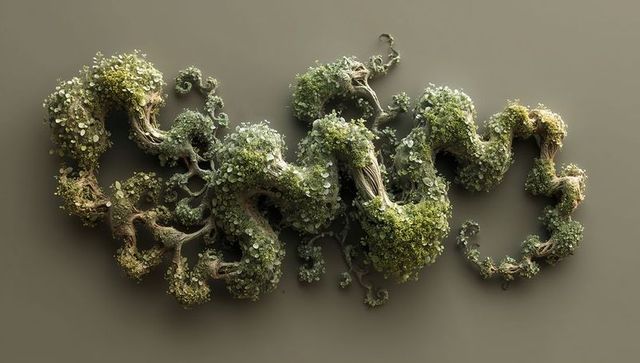 Serpentine moss-covered vine sculpture with coin-shaped leaves twisting in minimal taupe