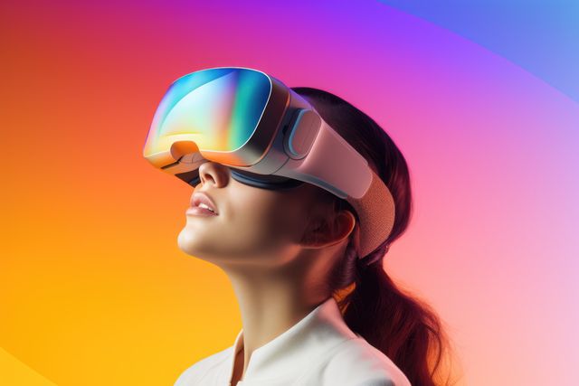 Woman wearing VR headset, looking upwards as though engaging with an immersive digital experience. Colorful gradient background adds a vibrant, modern feel. Great for illustrating concepts of cutting-edge technology, virtual reality in entertainment, and futuristic advancements in digital experiences.