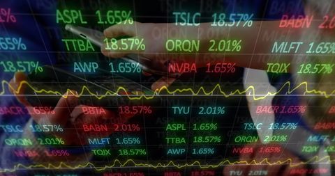 Financial graphs over hands using payment terminal in digital finance theme