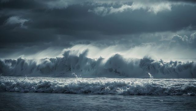 Dynamic Ocean Waves Crashing Under Dark Stormy Skies