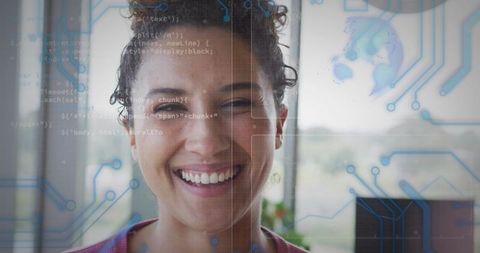 Smiling Developer With Technology Interface and Digital Code Overlay