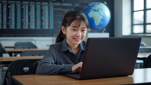 Teenage girl engaged in laptop use in modern learning environment