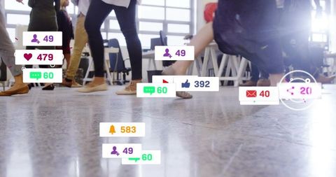 Walking coworking legs with social media notification badges overlay, networking and collaboration