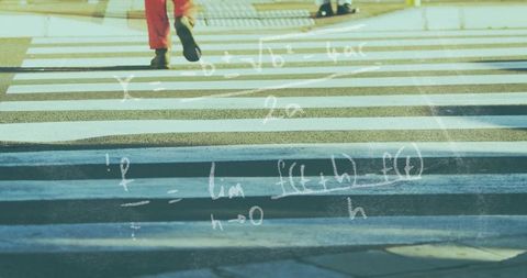 Pedestrian Crossing Street with Mathematical Overlay Art