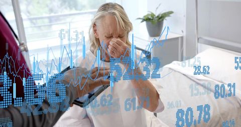 Doctor Consulting Senior Patient with Data Interface Overlay in Hospital Room