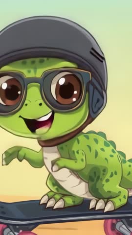 Helmeted turtle riding skateboard, winking and smiling with sun-tinted goggles in vertical video