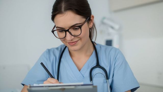 Smiling female nurse in scrubs writing on clipboard in clinical setting