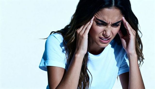 Young woman holding head in pain experiencing headache and stress with dramatic lighting