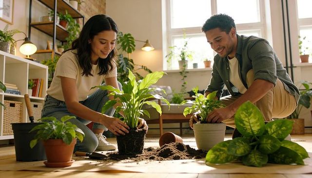 Repotting houseplants together in sunlit living room: young couple doing indoor gardening