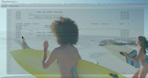Walking women holding surfboards toward ocean showing swimsuits and code overlay