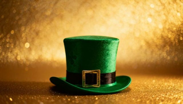 Emerald velvet top hat with gold buckle on sparkling gold bokeh background holiday design