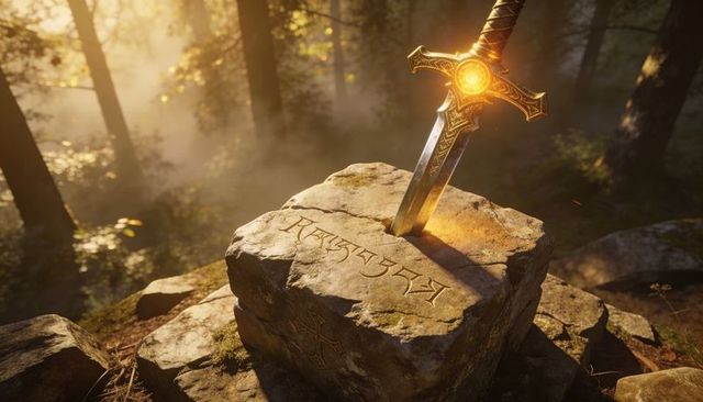 Glowing-hilt sword piercing rune-carved stone in misty forest glade