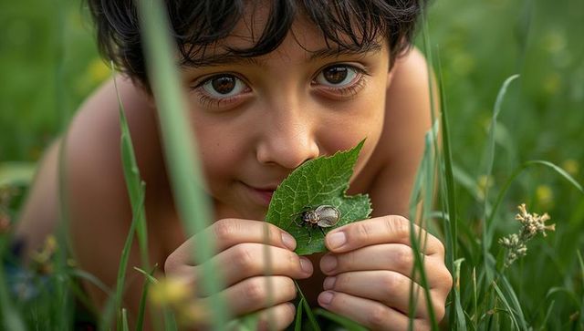 Curious child holding green leaf with beetle, close-up gaze in grassy meadow exploring nature