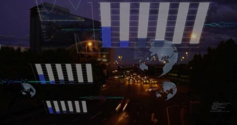 Nighttime urban traffic with light trails and futuristic data visualization overlays