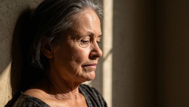 Sunlit senior woman leaning and gazing by window, contemplative closeup in warm earth tones