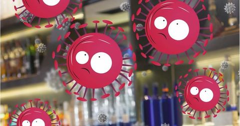 Cartoon virus illustrations hovering over bar setting