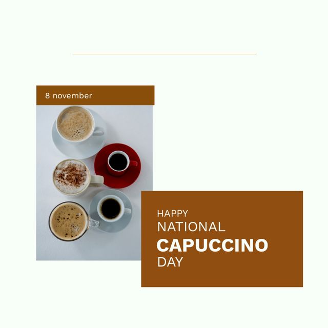Digital image of various coffee drinks with happy national cappuccino day text on white background. Copy space, frothy drink, celebration, holiday, benefits and significance of coffee concept.