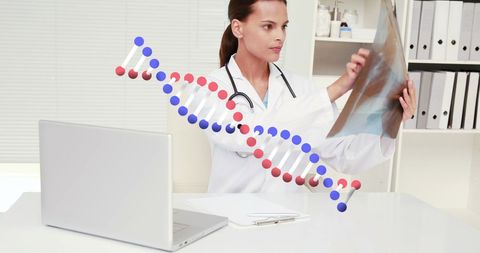 Caucasian Female Doctor Examining X-Ray with DNA Helix Overlay