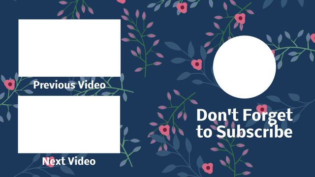 This image features a YouTube end screen template with a floral theme set against a blue background. It includes placeholders for the previous and next videos along with a reminder to subscribe. Ideal for content creators who want to add a stylish and cohesive end screen to their videos. Perfect for beauty, fashion, lifestyle, or any genre that fits with a floral aesthetic.