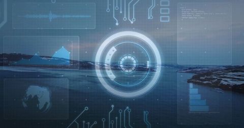 Futuristic Holographic Interface Over Tranquil Coastline at Dusk