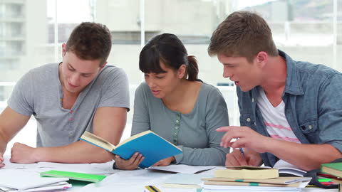 Collaborative Students Studying Together in Bright Modern Classroom