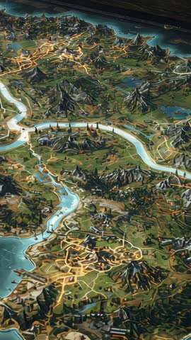 Vertical cinematic reveal 3D tactical map showing illuminated roads, rivers and topography