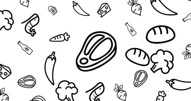 Illustration of variety of vegetables, food and drink, fish vectors on white background. Computer graphic, vector, food and drink, healthy eating, freshness.
