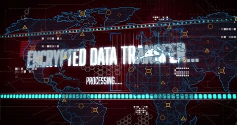 Encrypted Data Transfer Futuristic Dashboard with Global Map, Cyan Neon Bars and Processing HUD