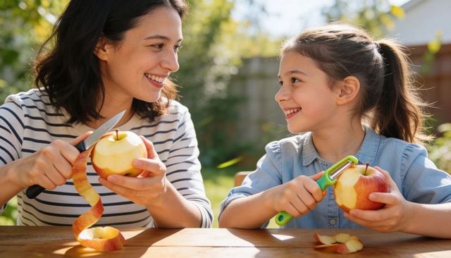 Mother daughter peeling apples together at sunlit backyard table, family bonding