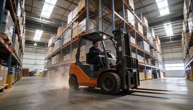 Forklift operator kicking sparks while turning in busy distribution warehouse aisle