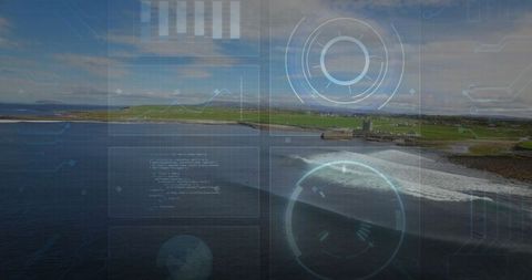 Futuristic Digital Interface over Coastal Landscape with HUD Elements