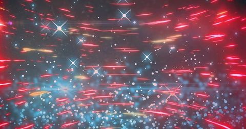 Glowing neon light trails racing across cyan bokeh with sparkling star flares