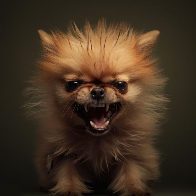 Close-up shot of a Pomeranian growling with a fierce expression. Ideal for animal behavior studies, pet care tips, and canine temperament articles. Can be used in veterinary communities or advertisements targeting pet products and accessories.