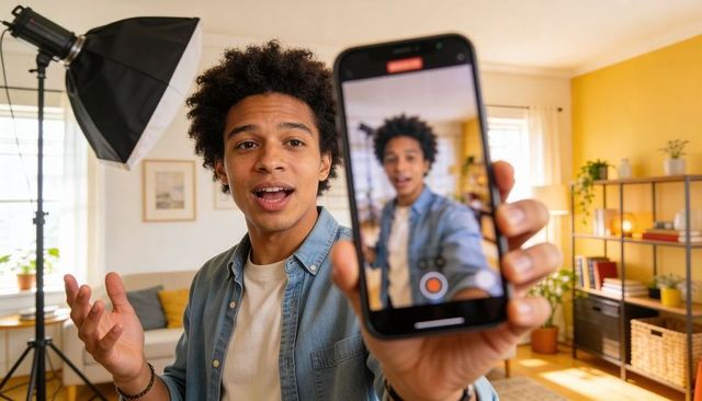 Young male vlogger recording live on smartphone in cozy home studio with softbox lighting