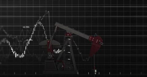 Pumpjack lifting polished rod against live market charts representing oil industry trends