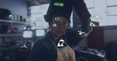 Welder Lifting Helmet with Innovative Workplace Technology Icons