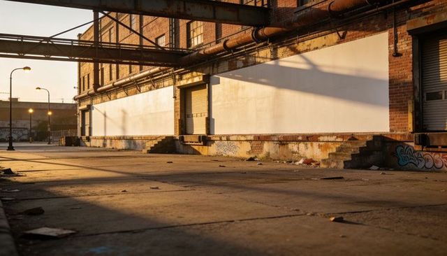 Sunset-lit industrial loading dock with red brick warehouse, rusted pipes and graffiti