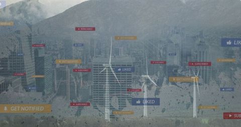 Wind Turbines Overlooking Modern City with Digital Notifications