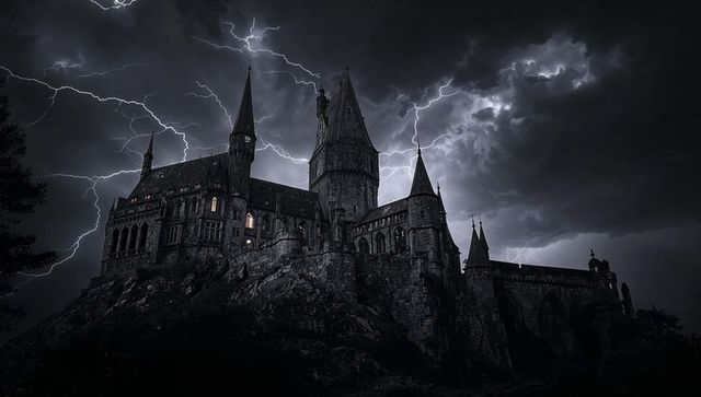 Gothic castle on rocky hill with thunderstorm at night