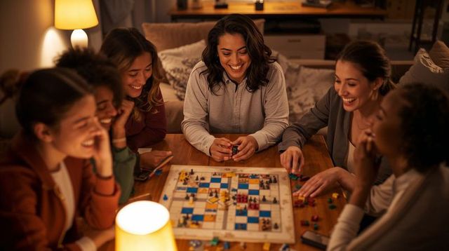 Women friends laughing and playing strategy board game around cozy wooden table at night