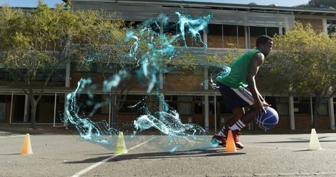 Dynamic dribbling drill weaving cones with turquoise energy trail on school court