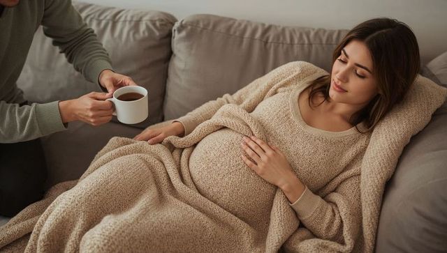Expectant woman resting on sofa cradling belly while partner offering warm mug, cozy scene