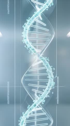 Vertical biotech video featuring turquoise DNA helix materializing, rotating and scanning genomic da