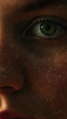 Vertical portrait of female holding fixed gaze with shifting moody studio lighting