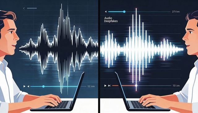 Analyzing audio deepfakes with split-screen waveform comparison on laptops for voice fraud