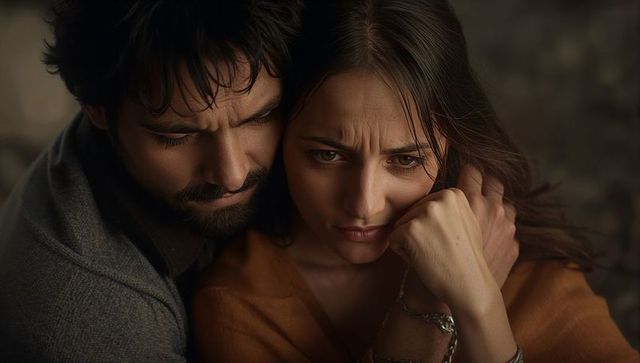 Distressed couple embracing with deep emotional bond