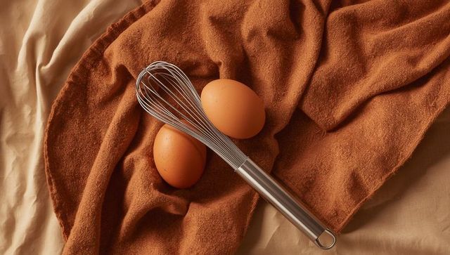 Whisk and Eggs on Textured Fabrics for Culinary Preparation