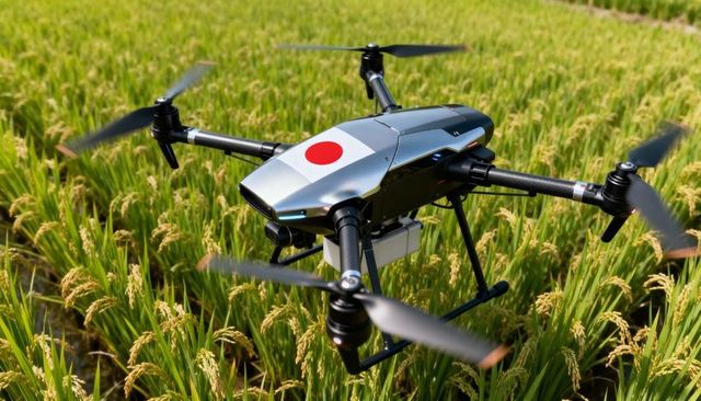 Hovering agricultural quadcopter monitoring rice paddy with red circular decal and payload